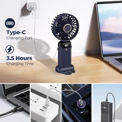 Refluxe Portable Handheld Fan, 4200mAh USB Fan with LED Display, 3-in-1 Handheld/Neck/Desktop Fan, 90° Adjustable Foldable, for Summer, Office, Bedroom, Travel, Gifts for Adult & Kid (Dark Blue) — view 6