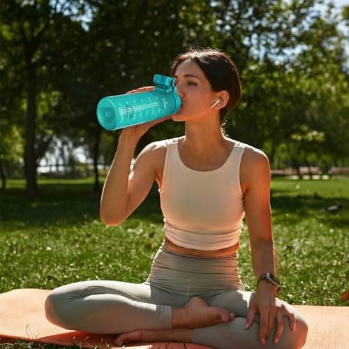GOPPUS 1L/32oz Clear Tritan Water Bottle with Screw Lid, Drinks Bottle with Wide Mouth, Fruit Infuser, Leakproof, BPA Free, Carry Handle, Measurement Markings, Dust Cap (Turquoise) — view 6