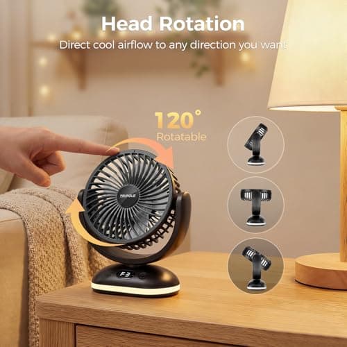 TriPole 4000mAh Rechargeable Desk Fan 31H Runtime, 4 Speed Portable USB Fan with LED Display, Battery Operated Ultra Quiet Table Fans, Head Adjustable for Office, Bedroom, Camping, Travel (Black) — view 6
