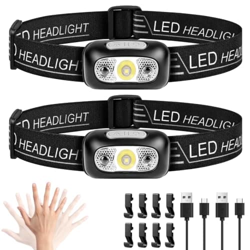 Head Torch Rechargeable, 2 Pack Waterproof LED Headlamp with Hands Free Sensor Control,16Hrs Runtime,7 Lighting Modes, for Running Fishing Camping, Super Lightweight Headlight for Kids & Adults-Black
