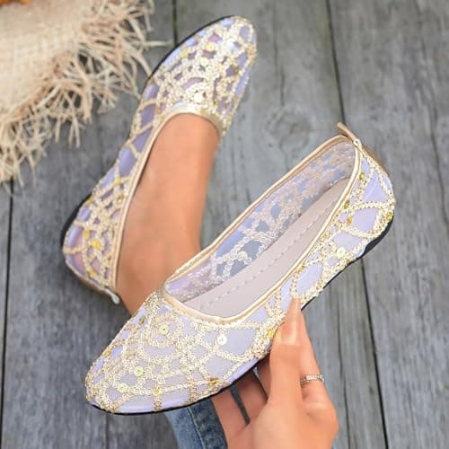 Mesh Ballet Flats for Women Pumps Orthopedic Sequins Dolly Shoes Wide Fit Round-Toe Non-Slip Breathable Summer Ladies Shoes Walking Office Holiday (Gold 7.5 UK/Foot Length 26.5cm) — view 6