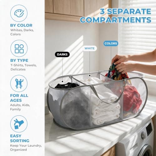 Collapsible Mesh Laundry Hamper Pop Up 3 Compartments with Handles & Pocket — view 3