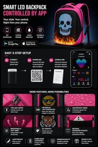LED Screen Backpack with App Control, Customisable Display, Lightweight Water-Resistant Rucksack Bag for School, Travel & Cycling (Pink) — view 2