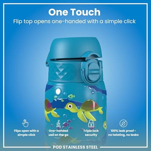 Ion8 Vacuum Insulated Steel Water Bottle, 320 ml/11 oz, Leak Proof, Easy to Open, Secure Lock, Dishwasher Safe, Carry Handle, Metal Water Bottle, ThermoShield Stainless Steel, Sea Turtle — view 3