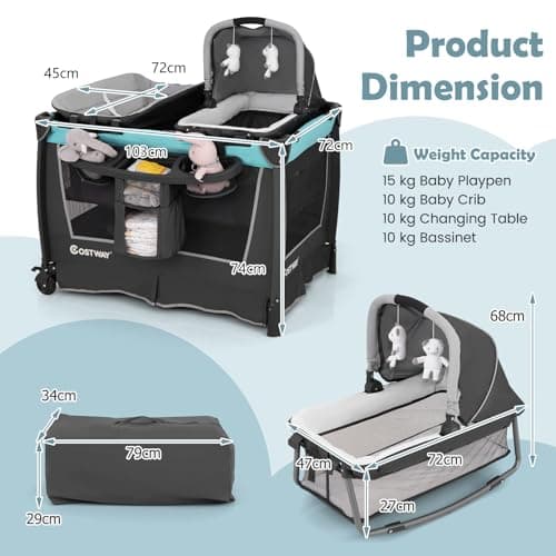 COSTWAY 4 in 1 Foldable Travel Cot, Portable Baby Bed Playard with Bassinet, Changing Table, Cradle, Wheels and Carry Bag, Nursery Center for Boys and Girls (Mint Green) — view 6