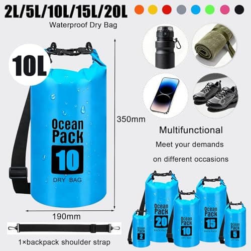 RONGZUBAT 10L Waterproof Dry Bag with Shoulder Strap, Roll Top Dry Sack for Towels and Clothes, Waterproof Bag for Kayaking, Paddle Boarding, Boating, Beach, Camping and Travel - Blue — view 2