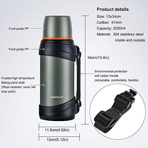 LOKPESCO Large Capacity Flask for Hot and Cold Drinks, 2L Stainless Steel Vacuum Insulated Coffee Thermo Flask with 2 Cups, Oversized Hot Water Bottles for Travel, 24hrs Hot/Cold, BPA Free, Leakproof — view 3