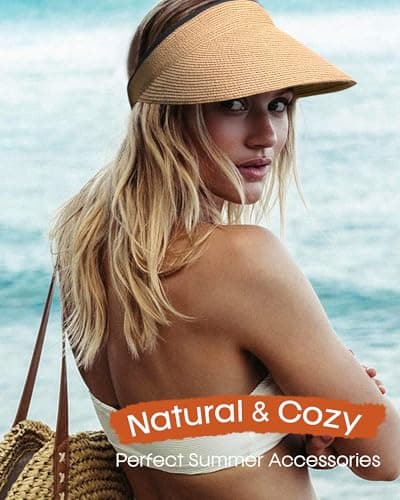 Women's Straw Sun Visor Hat, Wide Brim UPF UV Protection, Packable Ponytail Beach Visor for Summer Outdoor Travel Khaki — view 6