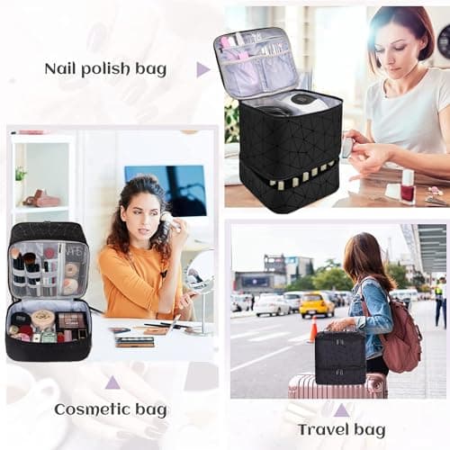 BYLife Black Large Makeup Bag, Nail Polish Organiser - Holds 30 Bottles Double-Layer Travel Storage Bags Waterproof PU Cosmetic Bag with Adjustable Dividers for Manicure Tools Storage — view 6