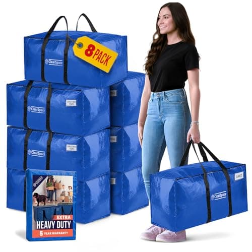 ClearSpace Heavy Duty Moving Bags or Storage Bins with Lids, Blue, 8 Pack