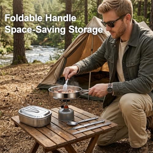 Mess Tins For Camping, 6 pieces Camping Cooking Set Stainless Steel Camping Pan Set - Foldable Outdoor Cookware Set Withcamping Frying Pan, Mess Tin, Cutlery - Ideal for Outdoor Adventures — view 6