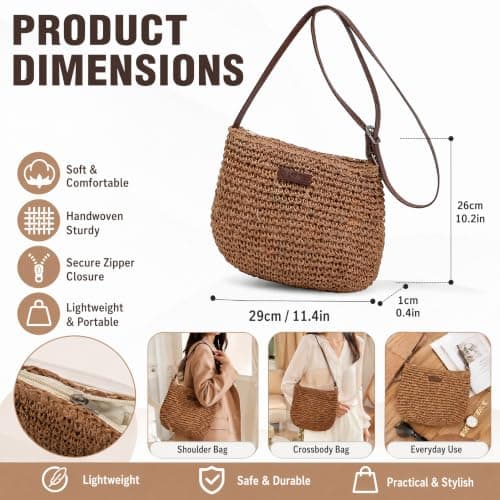 Qixkuric Straw Crossbody Bag, Summer Beach Crossbody Bag Beach Bags with Adjustable Strap Zipper Closure Woven Shoulder Bags for Holiday Travel Girls Gifts Picnic Daily Use 26.6 x 26.4 x 3.9cm — view 2