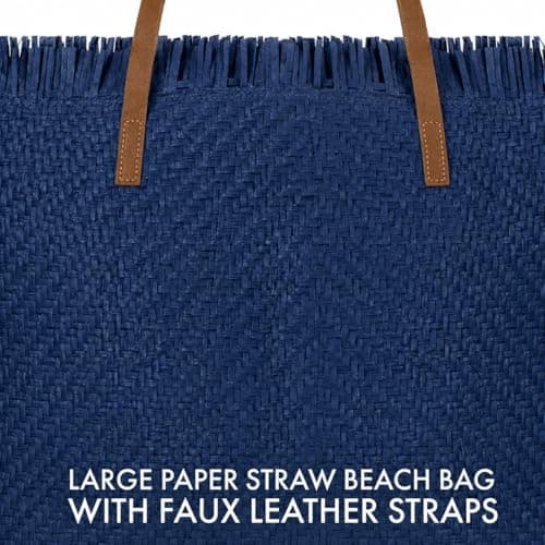 Woodland Leathers Womens Beach Bag, Large Paper Straw Beach Bag, Woven Summer Tote Shoulder Shopper Handbag with PU Leather Straps Lightweight Open Top Holiday Bag (Navy, Large) — view 4