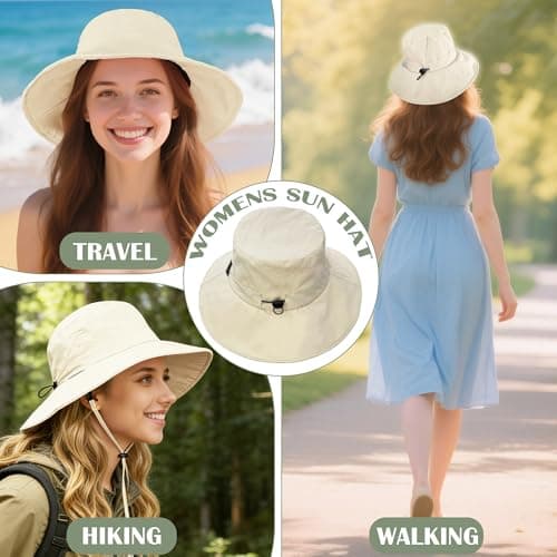 ehsbuy Sun Bucket Hats for Women UV Protection Wide Brim Foldable Ladies Waterproof Summer Hat with Adjustable Chin Strap for Beach Outdoor Fishing Safari Travel Khaki — view 6