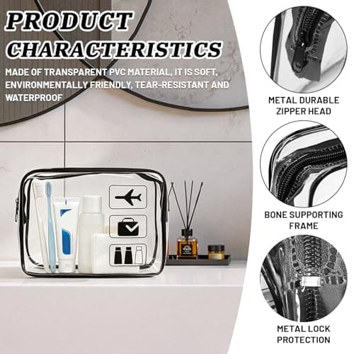 3 Pcs Clear Travel Toiletry Bag, TSA Approved Airport Liquid Bags with Zippers, Waterproof Clear Makeup Bags for Women Men, Portable Cosmetic Travel Wash Bag for Holiday Business Flight — view 3