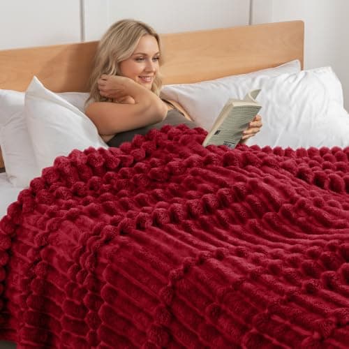 Exclusivo Mezcla Soft Striped Fleece Blanket, Deep Red Sofa Bed Throw — view 2