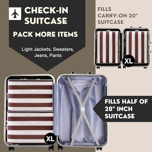 Extra Large Compression Packing Cubes for Checked Luggage, Lightweight Suitcase Organizers & Space Saver Bags - Travel Cubes for Packing - 2pc Set, X-Large - Brown Cabana Stripe — view 3