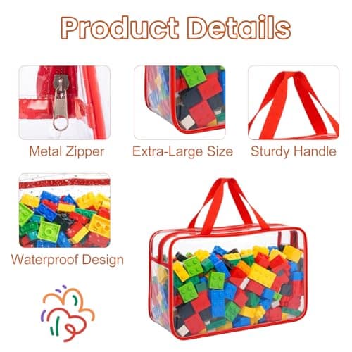 M.J COMFY-LIFE 4 Pack Clear Toy Storage Bags with Handle & ID Tags 12.2x9.06x3.94 Inch PVC Organizer Bags Reusable Transparent Travel Toiletry Bags for Building Blocks Puzzles Cosmetics Multicolor — view 3
