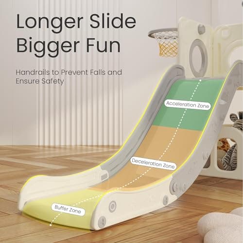 hoopyosms Toddler Slide with Climbing Ladder, Tunnel and Basketball Hoop, Indoor Outdoor Garden Slide Set for Kids, Children's Playground Toy, Montessori Play Equipment, Grey — view 4