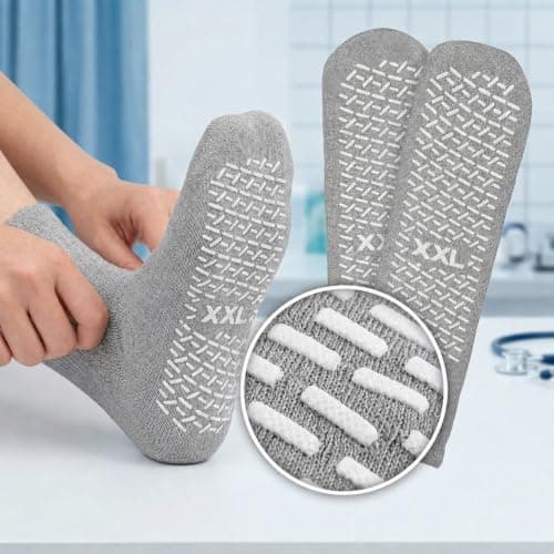 Pluvikon 2 Pairs Tread Non Slip Hospital Socks, Anti Slip Grip Traction Socks for Men Women, Cotton Travel Slipper Sock, One Size Fits All, Fall Prevention,Home Recovery and Travel Use, Grey — view 2
