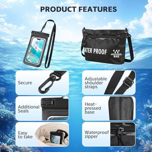 Zocipro Waterproof Bag for Swimming, Waterproof Pouch Bag with Waterproof Phone Pouch Case, 32x20x13 cm Waterproof Dry Bag, Water Tight Bag for Valuables,Surfing,Kayaking,Boating,Beach Camping, Black — view 3