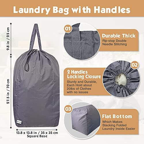 UniLiGis Washable Travel Laundry Bag with Handles and Drawstring (2 Pack), Heavy Duty Large Enough to Hold 3 Loads of Laundry, Fit a Laundry Basket or Clothes Hamper, 27.5x34.5 in,Grey — view 2