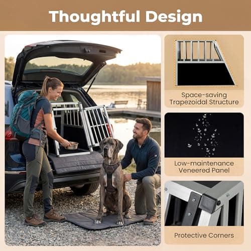 GYMAX Travel Dog Crate, Aluminum Dog Transport Box with Lockable Door & Trapezoidal Design, Chew-proof Puppy Cage for Camping Truck (91 x 65 x 69.5 cm,without Removable Divider) — view 5