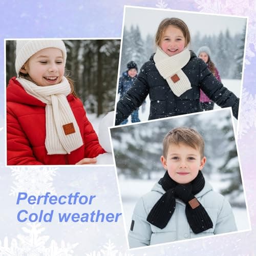 Abeillo 2 Pack Warm Kids Winter Knit Scarves Soft Knitted Neck Warmer Scarf Warm Scarves Wrap for Boys Girls (Beige, Black) — view 5