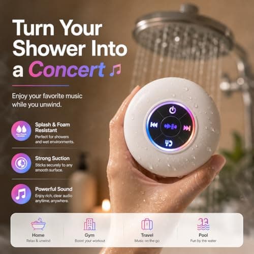 Bluetooth Shower Speaker with LED, Portable Wireless Mini Speaker (White) — view 2