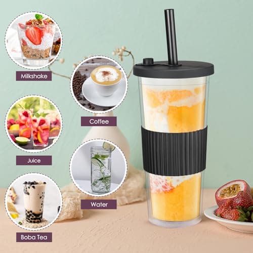 2 Pack Reusable Bubble Tea Cups, 750ml/24oz Travel Water Tumbler with Straw & Lid, Leakproof Clear Plastic Mug Cup, Double Wall Smoothie Tumbler with Wide Straw for Bubble Tea, Milkshake, Iced Coffee — view 3