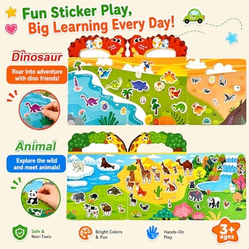 Dubydu Reusable Sticker Book for Kids 2-6, Puffy Sticker Books with Animals & Dinosaurs Themes, Kids Sticker Books Activity Set, Toddler Sticker Book Travel Toy Gifts for Boys Girls — view 3