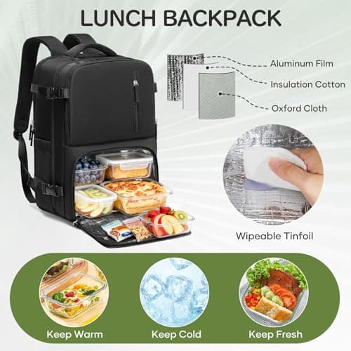 HYC00 Lunch Backpack with Insulated Cooler Box, Large 17 Inch Laptop Backpack for Women Men Picnic Bag with Lunchbox Compartment, Work Rucksack Bags Cooler Lunch Backpacks for Camping Travel, Black — view 4