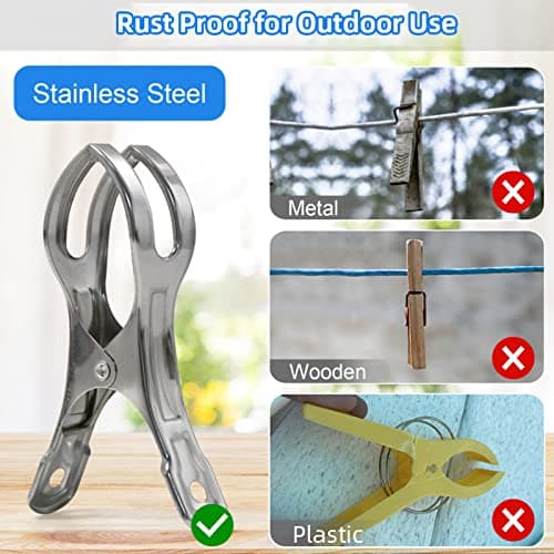 Coideal Beach Towel Pegs Clips - 10 Pack Large Stainless Steel Clothespins, Giant Heavy Duty Clothes Clamps for Sun Loungers Pool Cover — view 4