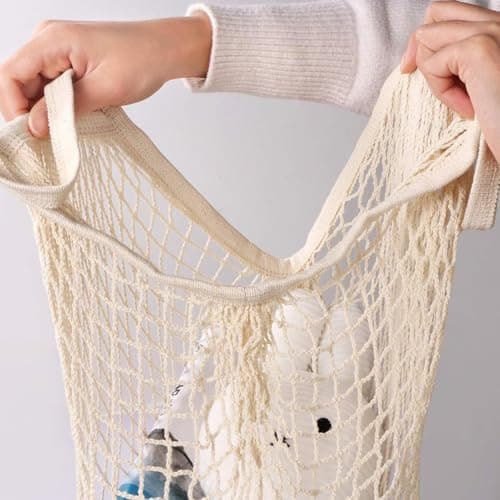 VNIDJGB 2 Pcs Grocery String Bags,Beige Reusable Cotton String Bag,Portable Eco-Friendly Portable Mesh Produce Bags,Lightweight Grocery Shopping Bag,for Storage Outgoing Travel,Vegetables(2 Sizes) — view 5