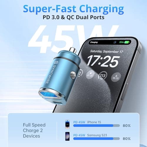 SYNCWIRE 90W USB C Car Charger [PD 45W & QC 45W] Cigarette Lighter USB Charger Car Adapter USBC Fast Charge Compatible with iPhone 15 Pro Max 14 13 12 11, Google Pixel 7, Samsung S23 22, iPad, Blue — view 2