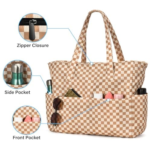 oscaurt Beach Bags Large Tote Bag with Zip Waterproof Foldable Weekend Bag Lightweight Travel Gym Bag for Women Holiday Essentials Handbags with Multi Pockets — view 3