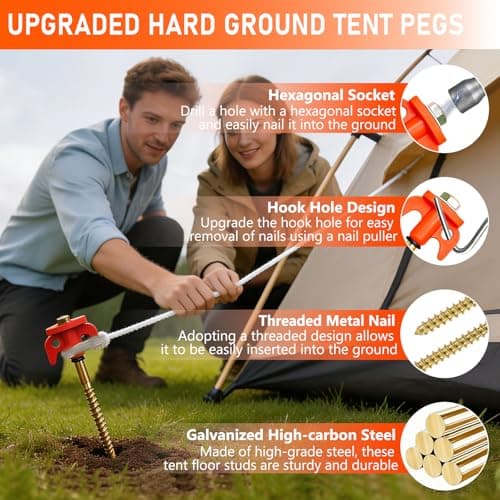 HUIXRKE Tent Pegs Metal Heavy Duty 20cm X 20 Pack - Awning Pegs with Carry Case - Screw In Tent Pegs with Drill Adapter - Rock Pegs for Hard Standing Camping - Galvanised Steel — view 4