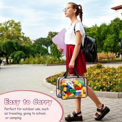 7 Packs Toy Storage Bags, 11.8 * 8.6 * 3.9inch Clear PVC Organiser Bags with Handle and Zips, Portable Toy Organizer for Puzzle, Building Blocks, Books (Black) — view 5