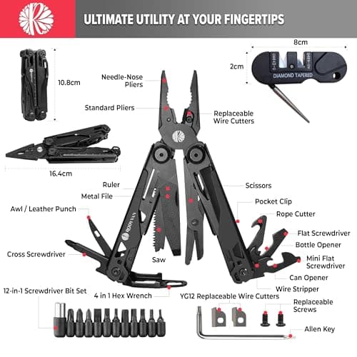 RODYVAN Multitools, 19-in-1 Stainless Steel Multi Tool Pliers with Scissors, Screwdriver Set, Bottle Opener, Survival Camping Accessories. Gift for Men Dad. DIY Tool kit for Outdoor Activities — view 2