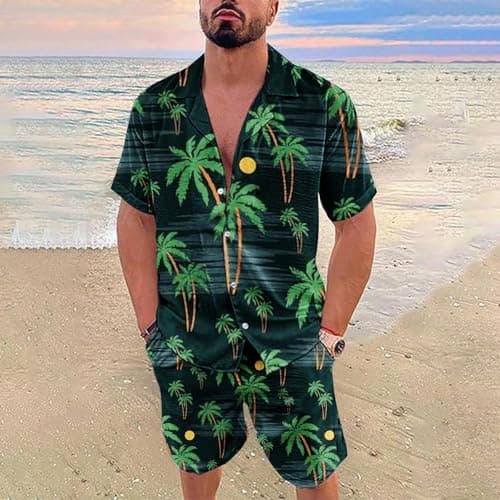 Set Shirt Shorts Men Big Size Hawaiian Printed Tee Shirt Short Sleeve Button Shorts Elastic Waist Loose Drawstring Pockets Casual Lightweight Beach Travel Set — view 4