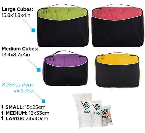 bago 7 Pcs Packing Cubes For Travel - 4 Packing Cube with 3 ZipLock Bags - Travel Cubes to Get Maximum Storage, Save Time & Effort to Pack - Happy Traveling (GreenRedPurpleYellow) — view 2
