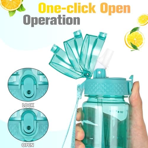 GOPPUS 500ml/17oz Kids Water Bottles with Straw Tritan Childrens Bottle with Flip Top Lid BPA Free Measured Drinks Bottle with Strap Sports Reusable Time Markings Leakproof (Transparent Mint Green) — view 3