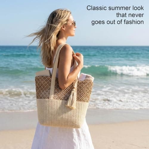 QhgPnt Straw Woven Beach Shoulder Bags, Straw Beach Bag with Zip Closure, Summer Bags for Foldable Women, Straw Bags for Travel Vacation Shopping Picnic, Straw Bags Summer Bag for Outdoor Use — view 6