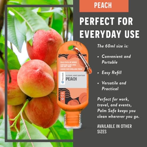 Palm Safe Peach 60ml Anti Bacterial Premium Hand Sanitiser Travel Size Refillable Clip Bottle Quick Drying Non Sticky Extra Moisturising Kills 99.9% of Viruses and Bacteria — view 4