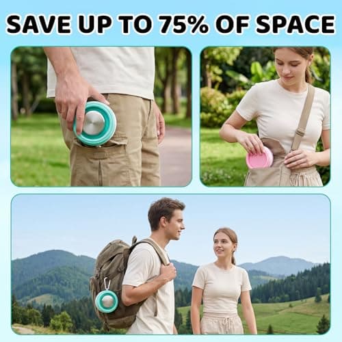 Huiguli 2-Pack Collapsible Water Bottle 475ml, Silicone Foldable Portable Bottle with Stainless Steel Lid, Reusable Leak-Proof for Travel Hiking Camping, Pink+Blue — view 6