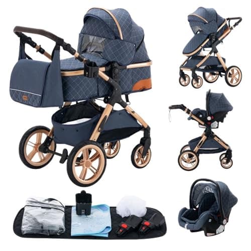 GLOKID 3 in 1 Prams Travel System, 0-4 Years, Foldable, Compact and Reclining Baby Pushchair, Aluminum Frame, Accessories, Nursery Bag、Blue