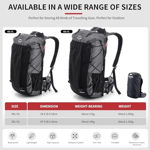 Naturehike Rock 40+5L Internal Frame Hiking Backpack for Outdoor Camping Traveling Backpacking Backpack (Black 40+5L) — view 2
