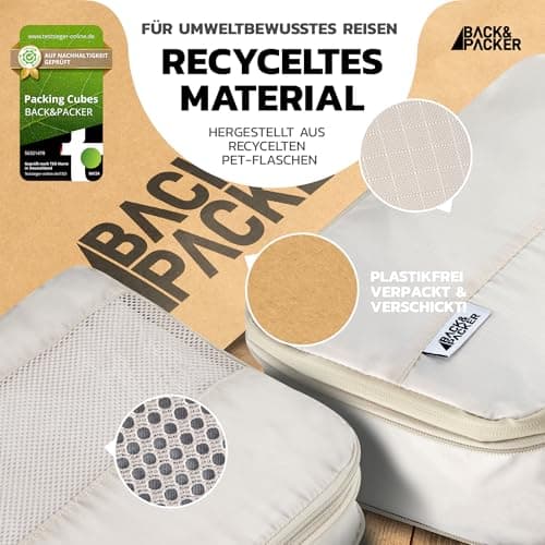 BACK&PACKER® Packing Cubes with Compression 4-Piece - Packing Bag Set Made of Recycled Material - Lightweight Organiser for Backpack & Suitcase - Includes Packing Cube for Wet Laundry & Bag (Beige) — view 6