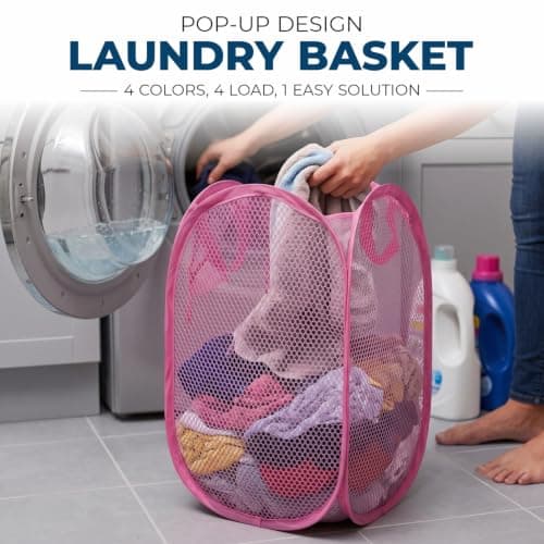 HOMESHOPA Laundry Baskets Pop Up Mesh Washing Bag, Pink Foldable Dirty Clothes Baskets with Handles&Side Pocket, Collapsible Toy Tidy Storage Organiser, Great for Kids Room, College Dorm Travel — view 6