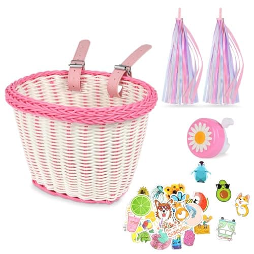 Flintronic Kids Bike Basket Handwoven Cycle Basket for Kids, Bicycle Basket For Girls Boys Childs, with Bike Accessories - Pink&White